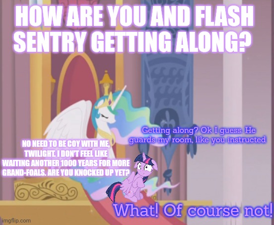 Princess Celestia: matchmaker | HOW ARE YOU AND FLASH SENTRY GETTING ALONG? Getting along? Ok I guess. He guards my room, like you instructed; NO NEED TO BE COY WITH ME, TWILIGHT. I DON'T FEEL LIKE WAITING ANOTHER 1000 YEARS FOR MORE GRAND-FOALS. ARE YOU KNOCKED UP YET? What! Of course not! | image tagged in princess celestia,matchmaker,twilight sparkle,flash sentry,my little pony | made w/ Imgflip meme maker