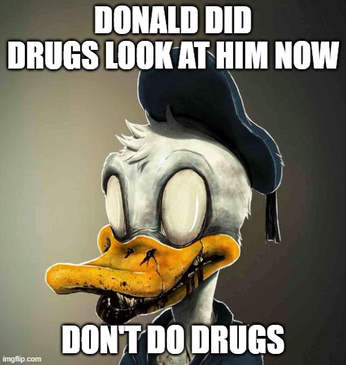 Drugs are bad | DONALD DID DRUGS LOOK AT HIM NOW; DON'T DO DRUGS | image tagged in drugs are bad | made w/ Imgflip meme maker