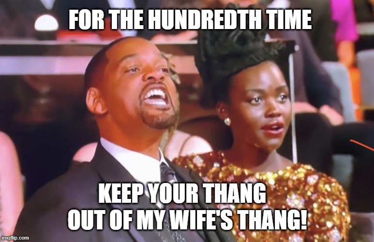 WHAT WILL SMITH IS REALLY YELLING | FOR THE HUNDREDTH TIME; KEEP YOUR THANG; OUT OF MY WIFE'S THANG! | image tagged in will smith yell | made w/ Imgflip meme maker