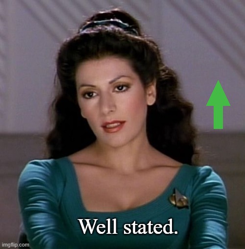 Counselor Deanna Troi | Well stated. | image tagged in counselor deanna troi | made w/ Imgflip meme maker