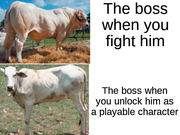 Moo | The boss when you fight him; The boss when you unlock him as a playable character | image tagged in blank white template,memes,gaming,cows,moo,video games | made w/ Imgflip meme maker