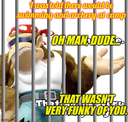 I was told there would be swimming and archery at camp OH MAN, DUDE... THAT WASN'T VERY FUNKY OF YOU. | image tagged in funky kong | made w/ Imgflip meme maker