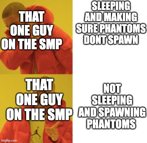 SLEEPING AND MAKING SURE PHANTOMS DONT SPAWN; THAT ONE GUY ON THE SMP; NOT SLEEPING AND SPAWNING PHANTOMS; THAT ONE GUY ON THE SMP | image tagged in funny memes,minecraft,phantom | made w/ Imgflip meme maker