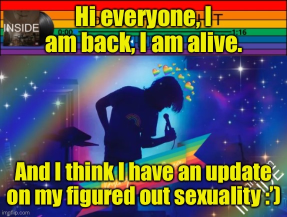 *screams in bisexual Demi-romantic* | Hi everyone, I am back, I am alive. And I think I have an update on my figured out sexuality :’) | image tagged in template | made w/ Imgflip meme maker
