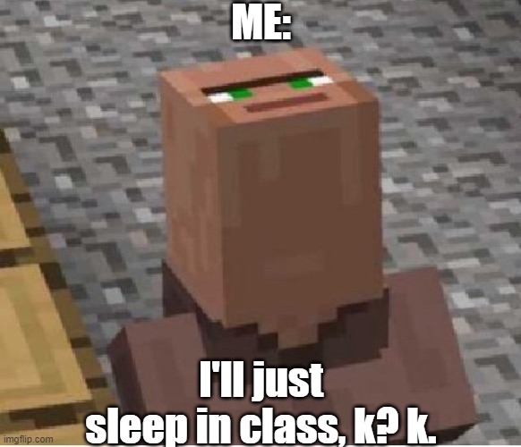 cus me | ME:; I'll just sleep in class, k? k. | image tagged in minecraft villager looking up | made w/ Imgflip meme maker