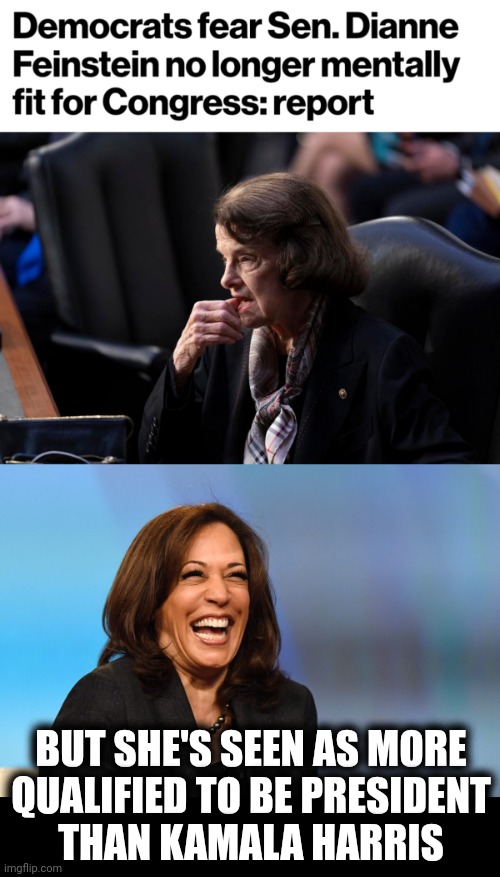 We need term limits AND age limits! | BUT SHE'S SEEN AS MORE
QUALIFIED TO BE PRESIDENT
THAN KAMALA HARRIS | image tagged in kamala harris laughing,dianne feinstein,democrats,dementia,senile,president | made w/ Imgflip meme maker