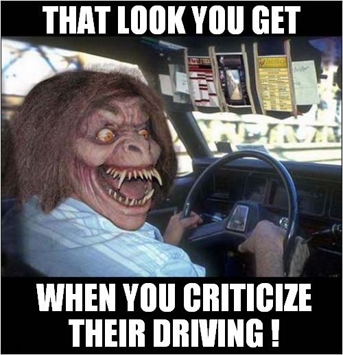 Just Say Nothing - If You Want To Live ! | THAT LOOK YOU GET; WHEN YOU CRITICIZE THEIR DRIVING ! | image tagged in criticism,driving,be careful,front page | made w/ Imgflip meme maker