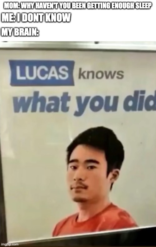 Lucas knows guys | MOM: WHY HAVEN'T YOU BEEN GETTING ENOUGH SLEEP; ME: I DONT KNOW; MY BRAIN: | image tagged in funny,memes,fun | made w/ Imgflip meme maker