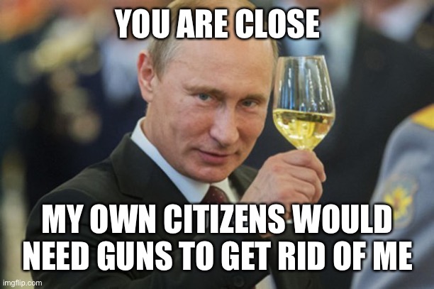 Putin Cheers | YOU ARE CLOSE MY OWN CITIZENS WOULD NEED GUNS TO GET RID OF ME | image tagged in putin cheers | made w/ Imgflip meme maker