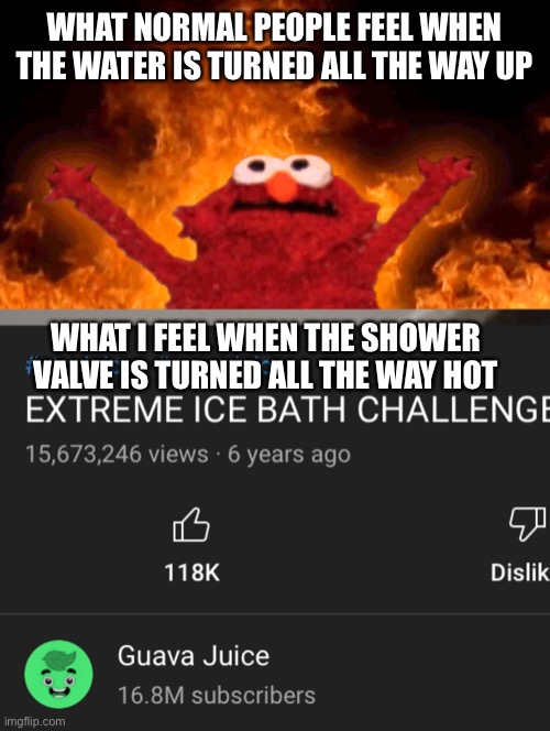 e | WHAT NORMAL PEOPLE FEEL WHEN THE SHOWER VALVE IS TURNED ALL THE WAY HOT; WHAT I FEEL WHEN THE SHOWER VALVE IS TURNED ALL THE WAY HOT | image tagged in elmo fire | made w/ Imgflip meme maker