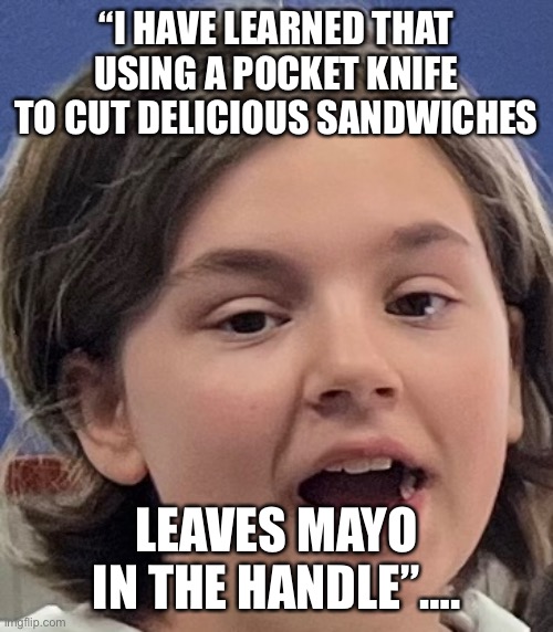Mayo knife | “I HAVE LEARNED THAT USING A POCKET KNIFE TO CUT DELICIOUS SANDWICHES; LEAVES MAYO IN THE HANDLE”…. | image tagged in mayo | made w/ Imgflip meme maker