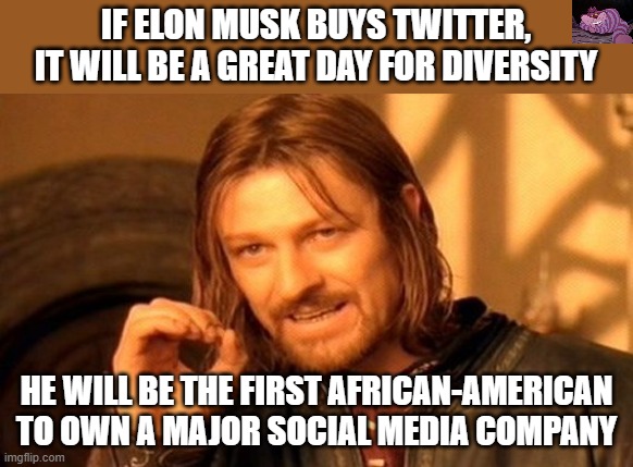 If the liberals are against Musk buying twitter, they are against diversity. | IF ELON MUSK BUYS TWITTER, IT WILL BE A GREAT DAY FOR DIVERSITY; HE WILL BE THE FIRST AFRICAN-AMERICAN TO OWN A MAJOR SOCIAL MEDIA COMPANY | image tagged in memes,one does not simply | made w/ Imgflip meme maker