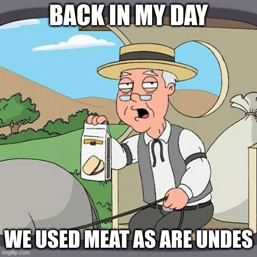 Pepperidge Farm Remembers | BACK IN MY DAY; WE USED MEAT AS ARE UNDES | image tagged in memes,pepperidge farm remembers | made w/ Imgflip meme maker