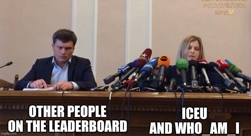 context | OTHER PEOPLE ON THE LEADERBOARD; ICEU AND WHO_AM_I | image tagged in man and woman microphone | made w/ Imgflip meme maker