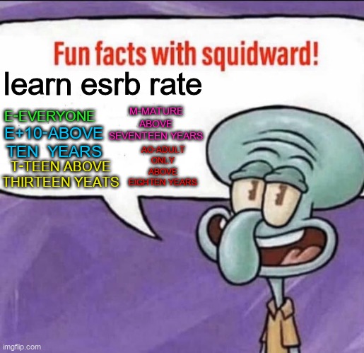 Fun Facts with Squidward | learn esrb rate; E-EVERYONE; M-MATURE ABOVE SEVENTEEN YEARS; AO-ADULT ONLY ABOVE EIGHTEN YEARS; E+10-ABOVE TEN  YEARS; T-TEEN ABOVE THIRTEEN YEATS | image tagged in fun facts with squidward | made w/ Imgflip meme maker