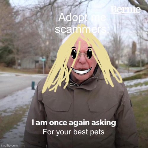 Bernie I Am Once Again Asking For Your Support | Adopt me scammers:; For your best pets | image tagged in memes,bernie i am once again asking for your support | made w/ Imgflip meme maker