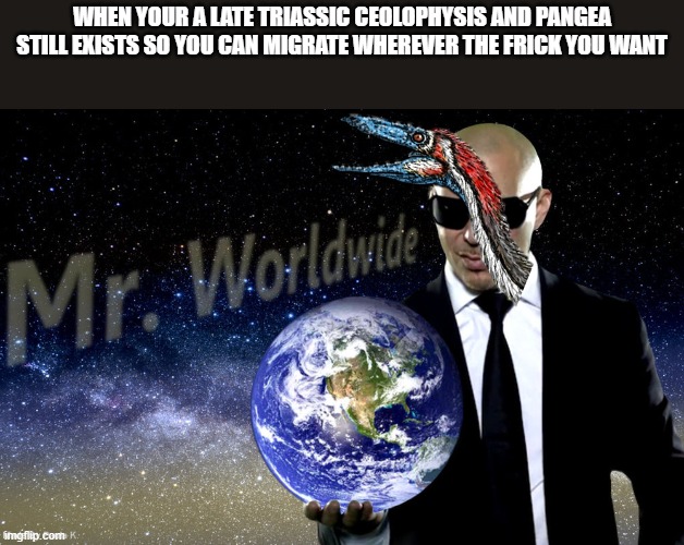 Yes, I'm a paleo-nerd (V.2 of different meme) | WHEN YOUR A LATE TRIASSIC CEOLOPHYSIS AND PANGEA STILL EXISTS SO YOU CAN MIGRATE WHEREVER THE FRICK YOU WANT | image tagged in mr worldwide,dinosaur | made w/ Imgflip meme maker