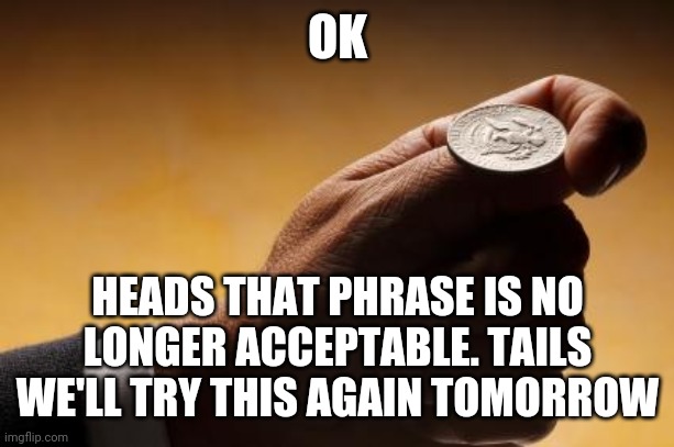 Libs be like: | OK; HEADS THAT PHRASE IS NO LONGER ACCEPTABLE. TAILS WE'LL TRY THIS AGAIN TOMORROW | image tagged in coin flip | made w/ Imgflip meme maker