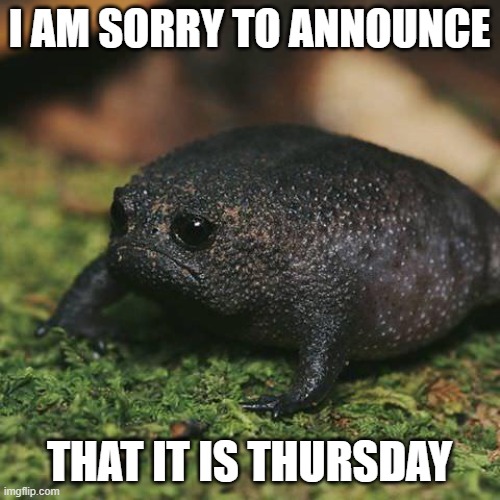 Sad Toad | I AM SORRY TO ANNOUNCE THAT IT IS THURSDAY | image tagged in sad toad | made w/ Imgflip meme maker