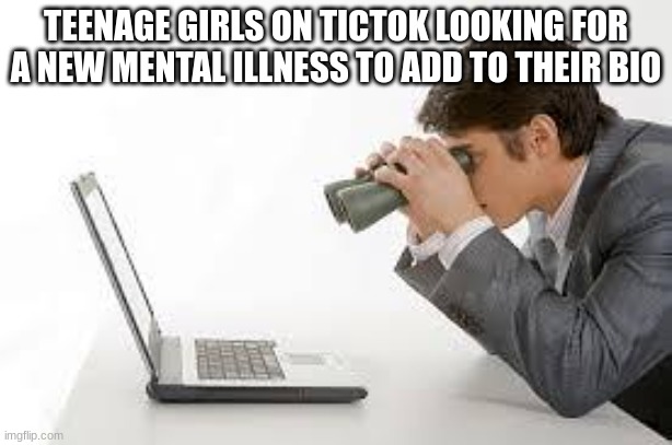 Searching Computer | TEENAGE GIRLS ON TICTOK LOOKING FOR A NEW MENTAL ILLNESS TO ADD TO THEIR BIO | image tagged in searching computer | made w/ Imgflip meme maker
