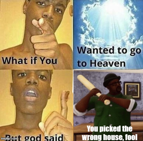 What if... |  You picked the wrong house, fool | image tagged in what if you wanted to go to heaven | made w/ Imgflip meme maker