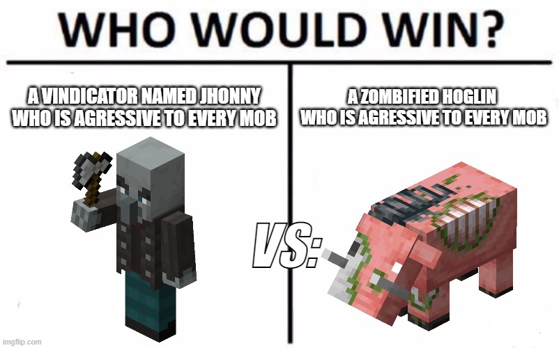Try it out and post the winner in the comments! | A VINDICATOR NAMED JHONNY WHO IS AGRESSIVE TO EVERY MOB; A ZOMBIFIED HOGLIN 
WHO IS AGRESSIVE TO EVERY MOB; VS: | image tagged in memes,who would win,minecraft | made w/ Imgflip meme maker