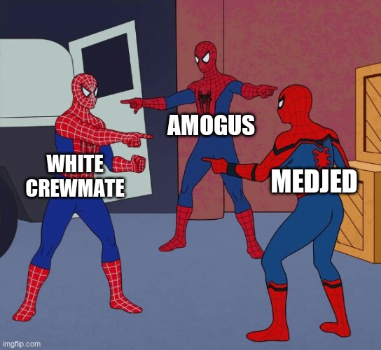 Spider Man Triple | AMOGUS; WHITE CREWMATE; MEDJED | image tagged in spider man triple | made w/ Imgflip meme maker