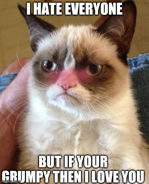 GRUMPYCAT | I HATE EVERYONE; BUT IF YOUR GRUMPY THEN I LOVE YOU | image tagged in memes,grumpy cat | made w/ Imgflip meme maker