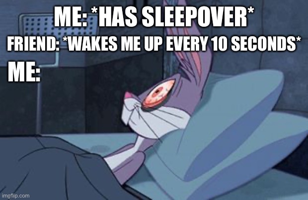 bugs bunny can't sleep | ME: *HAS SLEEPOVER*; FRIEND: *WAKES ME UP EVERY 10 SECONDS*; ME: | image tagged in bugs bunny can't sleep | made w/ Imgflip meme maker