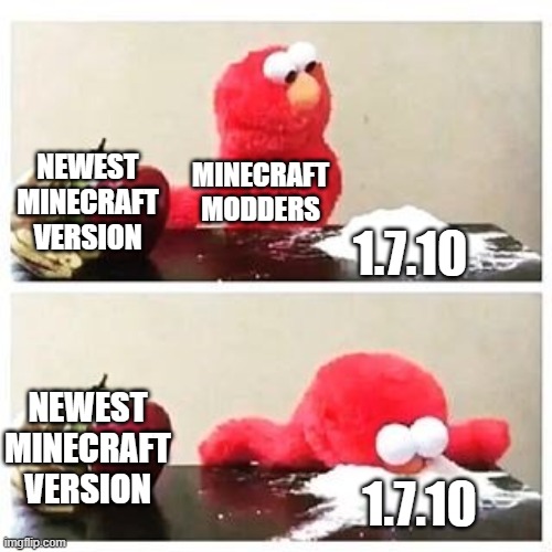 Minecraft Modders be like -_- | NEWEST MINECRAFT VERSION; MINECRAFT MODDERS; 1.7.10; NEWEST MINECRAFT VERSION; 1.7.10 | image tagged in elmo cocaine,minecraft | made w/ Imgflip meme maker