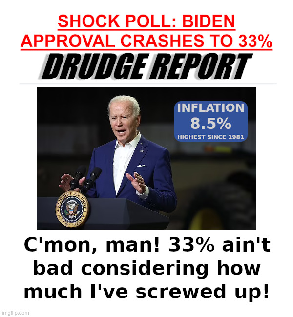 "SHOCK POLL: BIDEN APPROVAL CRASHES TO 33%" | image tagged in joe biden,incompetence,shock,poll,inflation | made w/ Imgflip meme maker