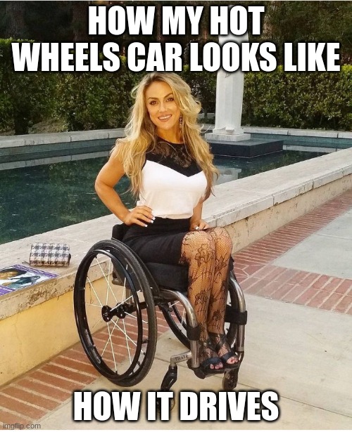 Hot chick in wheeler | HOW MY HOT WHEELS CAR LOOKS LIKE; HOW IT DRIVES | image tagged in hot chick in wheeler | made w/ Imgflip meme maker