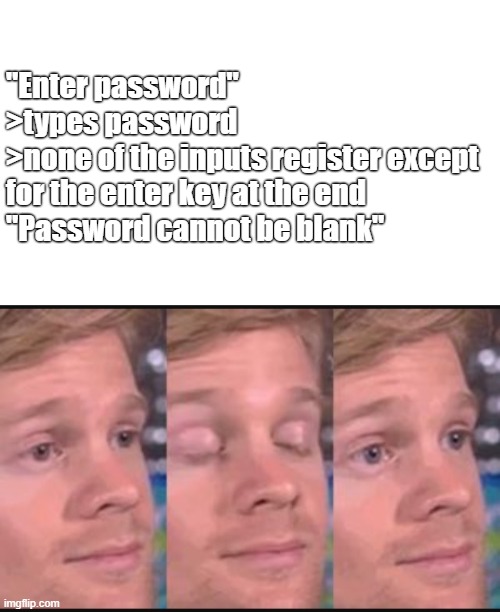 [Cue clip of me pointlessly yelling at the computer screen] | "Enter password"
>types password
>none of the inputs register except for the enter key at the end
"Password cannot be blank" | image tagged in blank white template,blinking guy,memes | made w/ Imgflip meme maker
