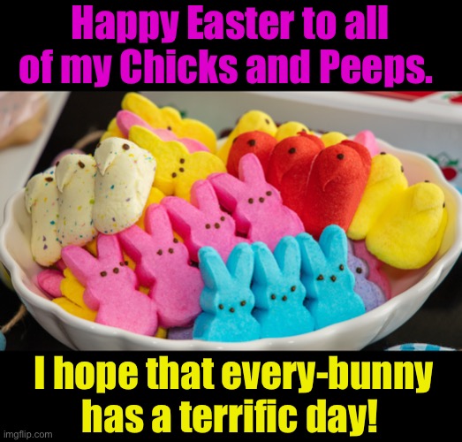 Easter | Happy Easter to all of my Chicks and Peeps. I hope that every-bunny has a terrific day! | image tagged in peeps | made w/ Imgflip meme maker