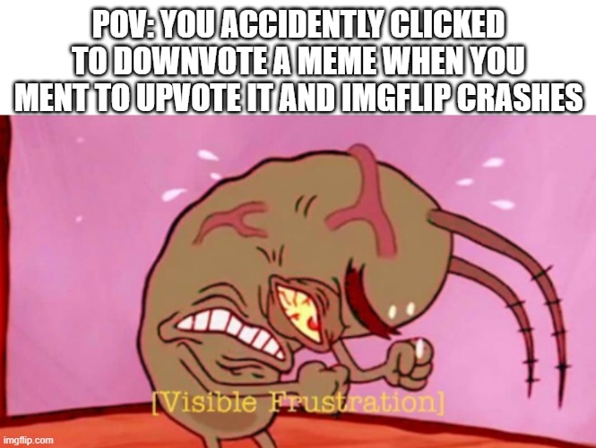 REEEEEEEEEEEEEEEEEEEEEEEEEEEEEEEEEE | POV: YOU ACCIDENTLY CLICKED TO DOWNVOTE A MEME WHEN YOU MENT TO UPVOTE IT AND IMGFLIP CRASHES | image tagged in cringin plankton / visible frustation,pain | made w/ Imgflip meme maker