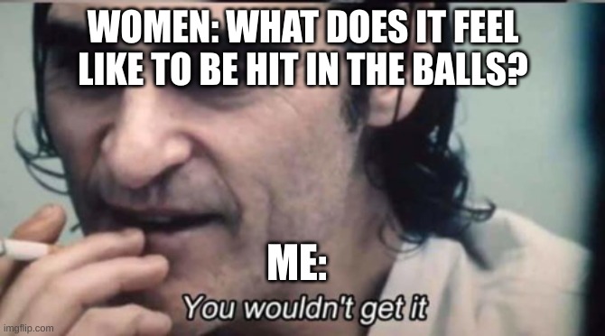 You won't get it | WOMEN: WHAT DOES IT FEEL LIKE TO BE HIT IN THE BALLS? ME: | image tagged in you wouldnt get it,memes,funny memes,kicked,kick,kick in the balls | made w/ Imgflip meme maker