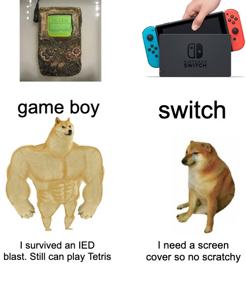 Muh Animal Crossing!!! |  game boy; switch; I survived an IED blast. Still can play Tetris; I need a screen cover so no scratchy | image tagged in memes,buff doge vs cheems,gameboy,nintendo switch | made w/ Imgflip meme maker