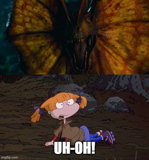 Angelica Meets Dilophosaurus | UH-OH! | image tagged in rugrats,jurassic park,jurassic world,dinosaurs | made w/ Imgflip meme maker