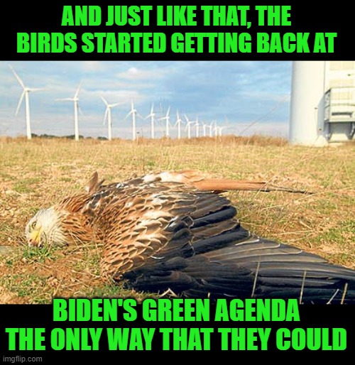 dead bird | AND JUST LIKE THAT, THE BIRDS STARTED GETTING BACK AT BIDEN'S GREEN AGENDA THE ONLY WAY THAT THEY COULD | image tagged in dead bird | made w/ Imgflip meme maker
