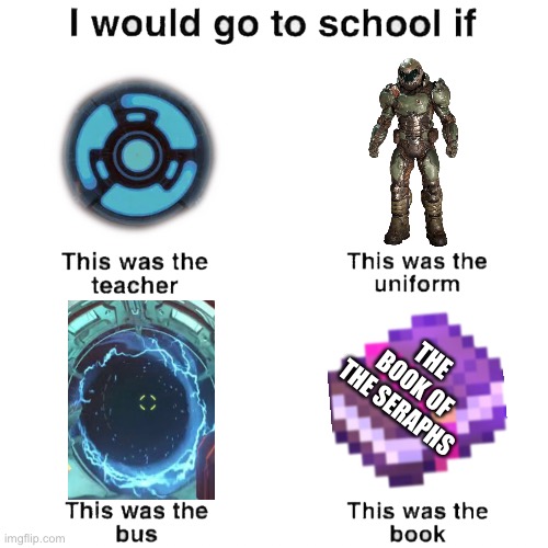 Couldn’t find a better book picture lol | THE BOOK OF THE SERAPHS | image tagged in i would go to school if,doom,why are you reading the tags,potato rain | made w/ Imgflip meme maker