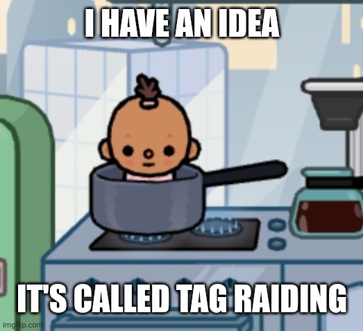 So basically you go to youtube, make a video, use a random youtube hashtag thing then repeat over and over again. | I HAVE AN IDEA; IT'S CALLED TAG RAIDING | image tagged in fried baby | made w/ Imgflip meme maker