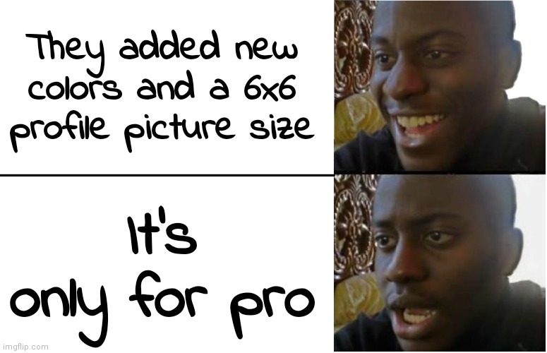 imgflip pro | They added new colors and a 6x6 profile picture size; It's only for pro | image tagged in disappointed black guy | made w/ Imgflip meme maker