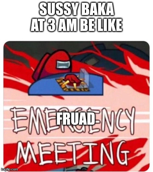sussy baka at 3 AM be like false alarm | SUSSY BAKA AT 3 AM BE LIKE; FRUAD | image tagged in emergency meeting among us | made w/ Imgflip meme maker