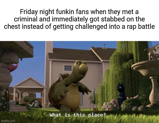 What is this place | Friday night funkin fans when they met a criminal and immediately got stabbed on the chest instead of getting challenged into a rap battle | image tagged in what is this place | made w/ Imgflip meme maker