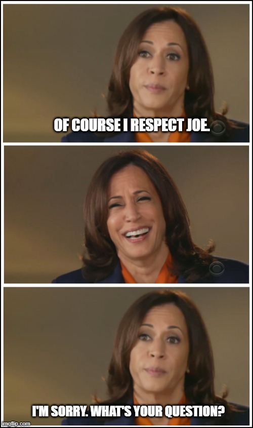 Kamala Speaks | OF COURSE I RESPECT JOE. I'M SORRY. WHAT'S YOUR QUESTION? | image tagged in cacklin kamala | made w/ Imgflip meme maker