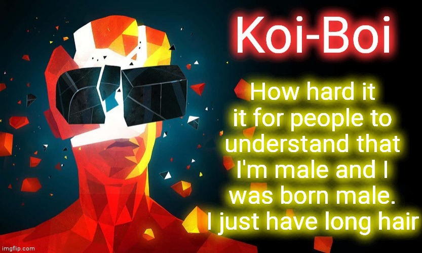 Koi-Boi superhot template | How hard it it for people to understand that I'm male and I was born male. I just have long hair | image tagged in koi-boi superhot template | made w/ Imgflip meme maker