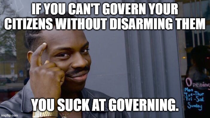 Roll Safe Think About It Meme | IF YOU CAN'T GOVERN YOUR CITIZENS WITHOUT DISARMING THEM YOU SUCK AT GOVERNING. | image tagged in memes,roll safe think about it | made w/ Imgflip meme maker