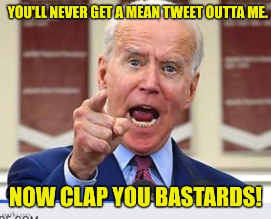 Joe Biden no malarkey | YOU'LL NEVER GET A MEAN TWEET OUTTA ME. NOW CLAP YOU BASTARDS! | image tagged in joe biden no malarkey | made w/ Imgflip meme maker