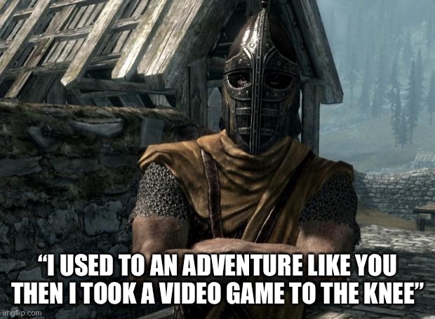 Me at nine years old |  “I USED TO AN ADVENTURE LIKE YOU THEN I TOOK A VIDEO GAME TO THE KNEE” | image tagged in skyrim guards be like,skyrim,gaming,video games | made w/ Imgflip meme maker