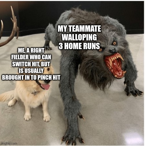 fun fact: i can switch hit. another fun fact: my team is jealous of me now | MY TEAMMATE WALLOPING 3 HOME RUNS; ME, A RIGHT FIELDER WHO CAN SWITCH HIT, BUT IS USUALLY BROUGHT IN TO PINCH HIT | image tagged in dog wolf,baseball,switch,hit | made w/ Imgflip meme maker